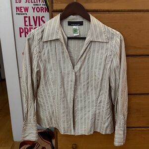 Jones New York Women's Beige Pinstripe Button Down Shirt